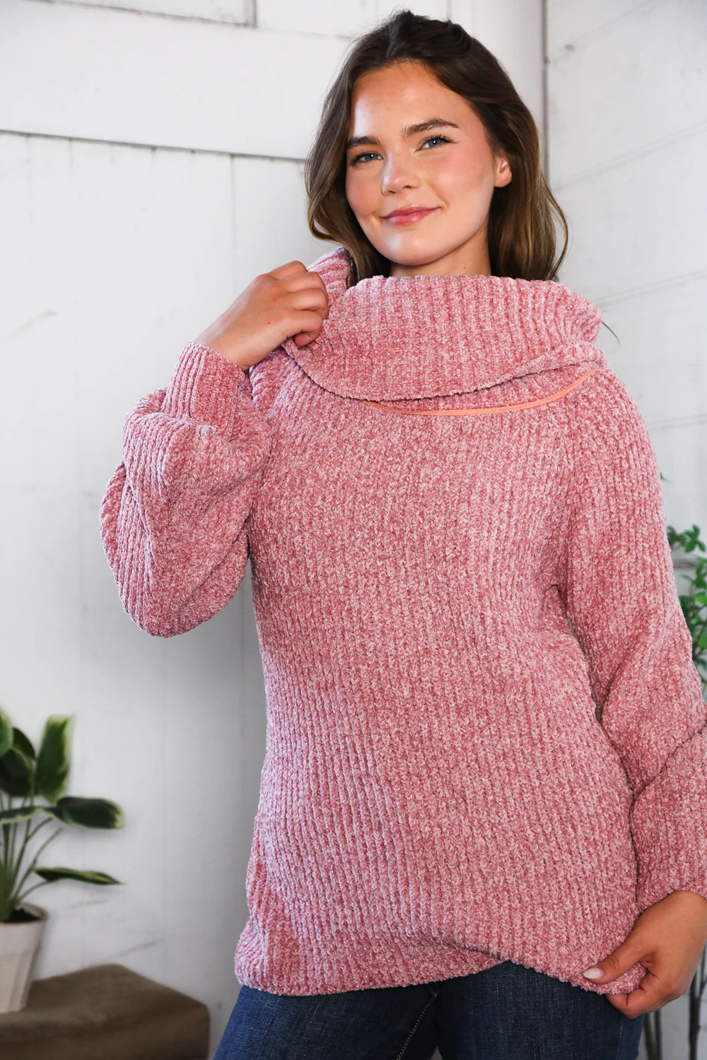 Mauve Thick Cowl Neck Sweater
