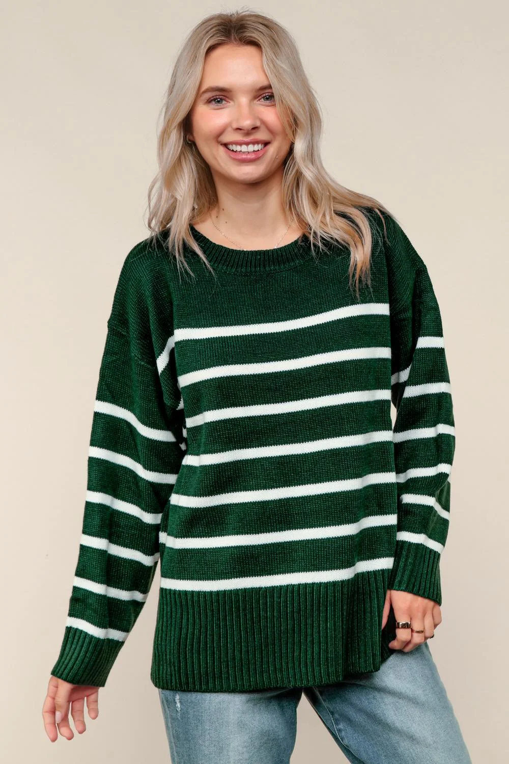Hunter Green Loose Fit Pullover Stripe Sweater