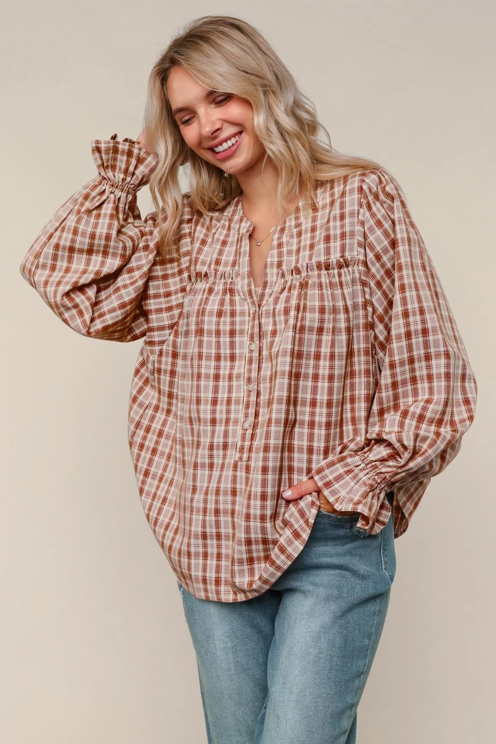 Notched Neck Plaid Check Woven Blouse