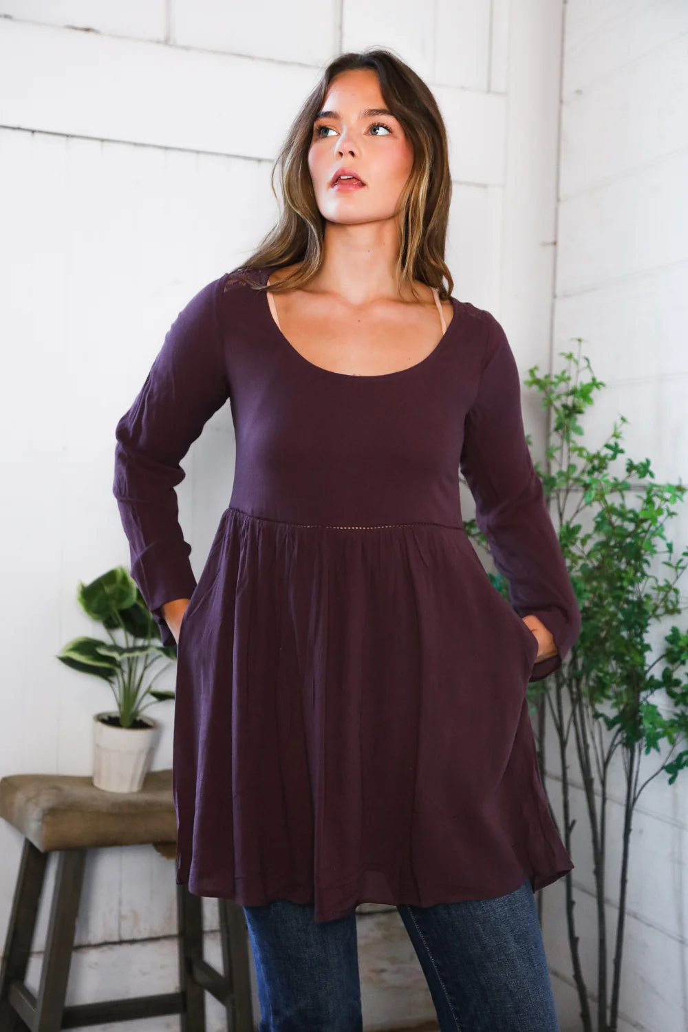 Plum Woven Crochet Tunic Dress