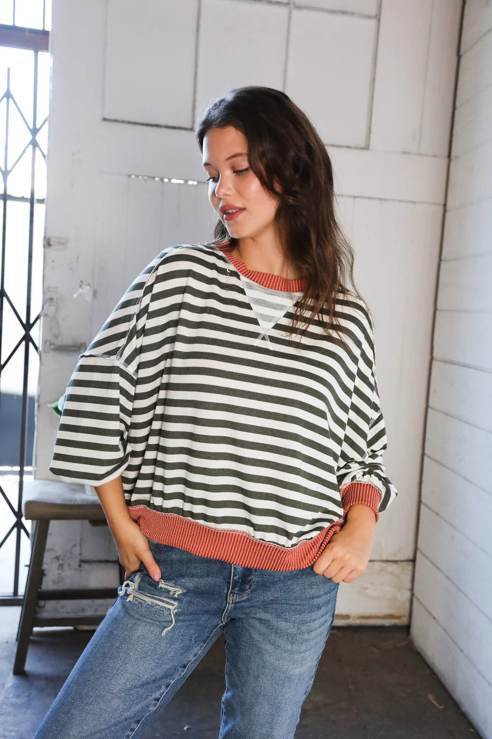 A Stripe Story Rust Crew Neck Pullover