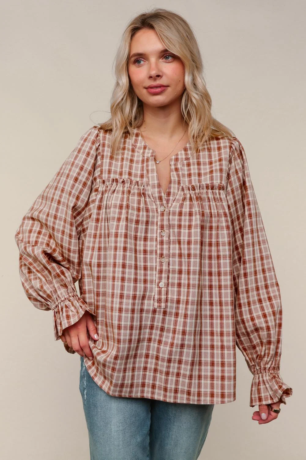Notched Neck Plaid Check Woven Blouse