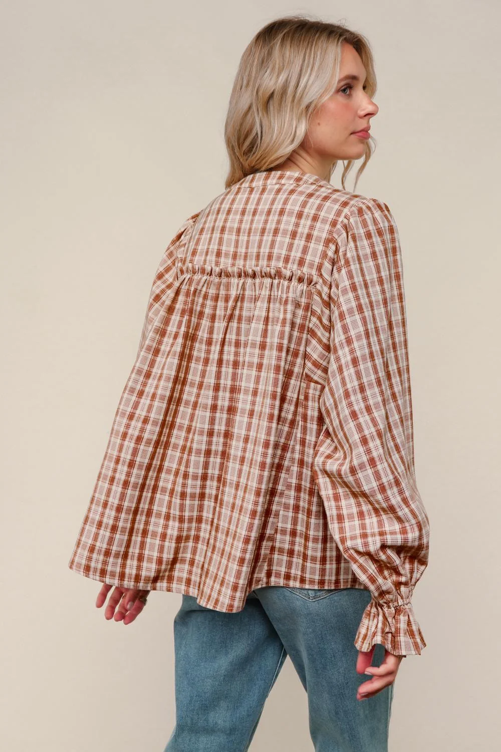 Notched Neck Plaid Check Woven Blouse