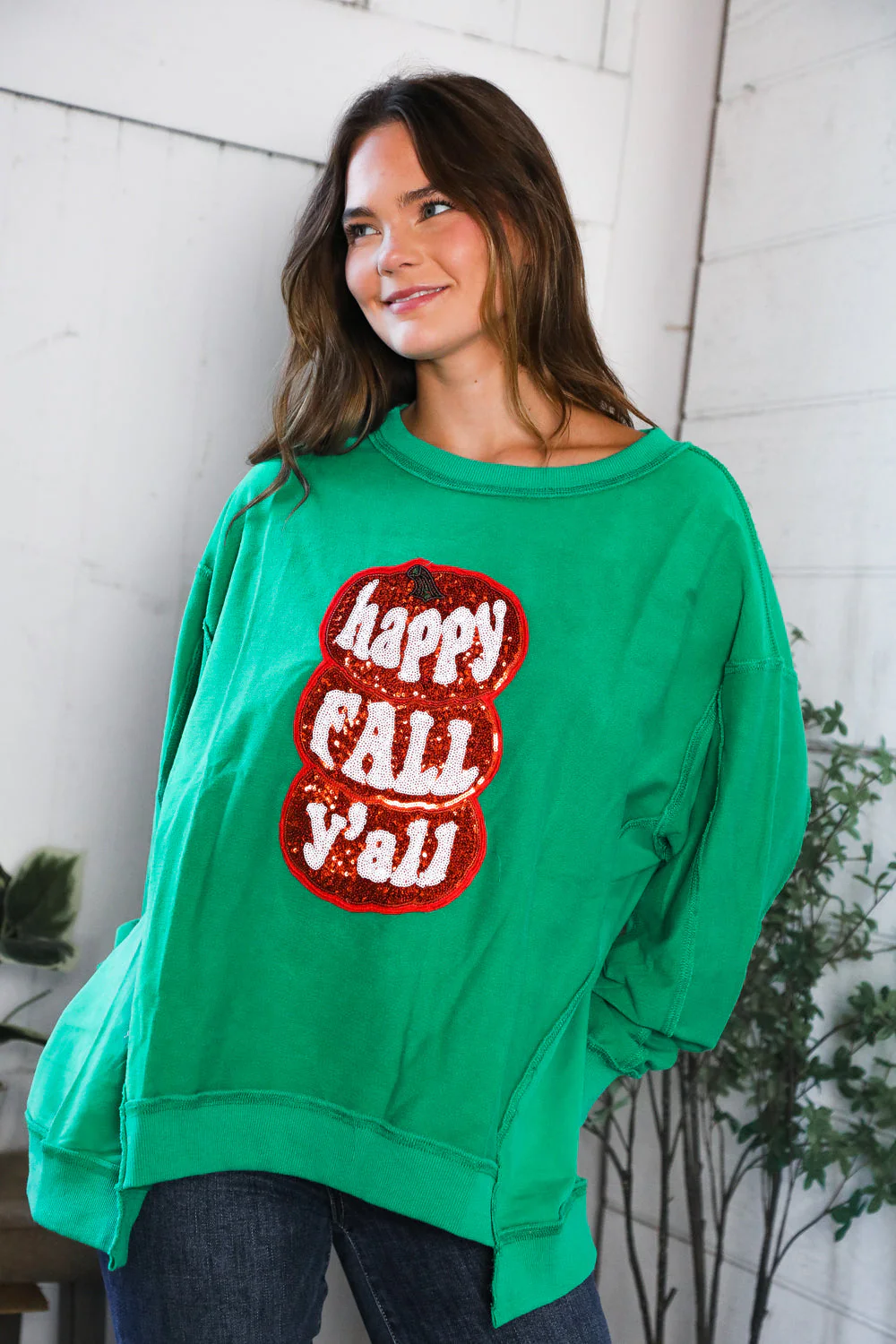 'Happy Fall Y'all' Kelly Green Sweater