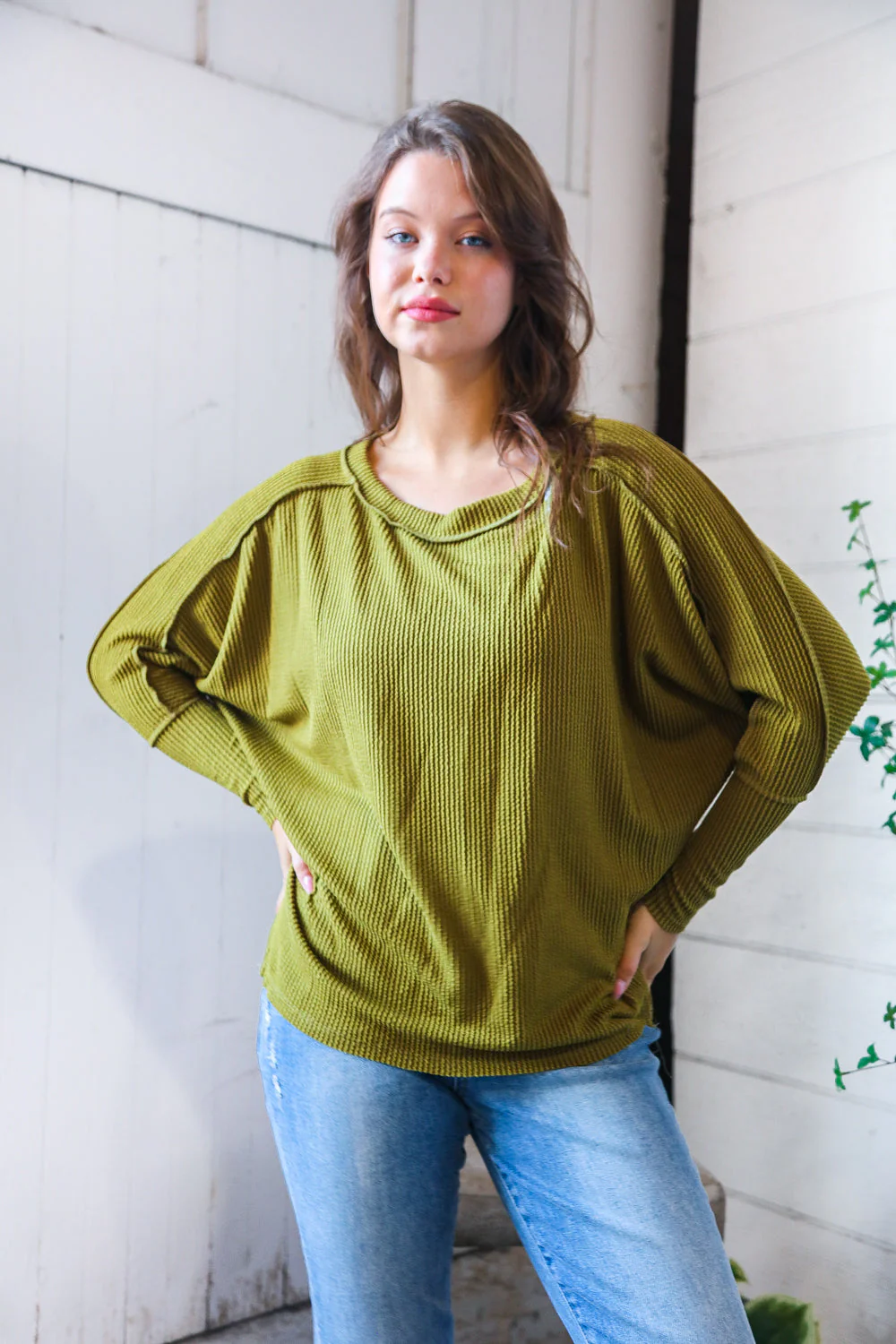 Meet You at the Bookstore Olive Ribbed Long Sleeve