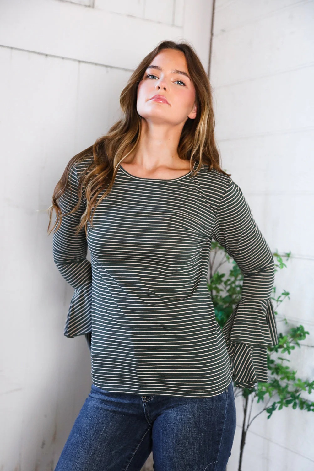 Sassy in Stripes Olive Blouse