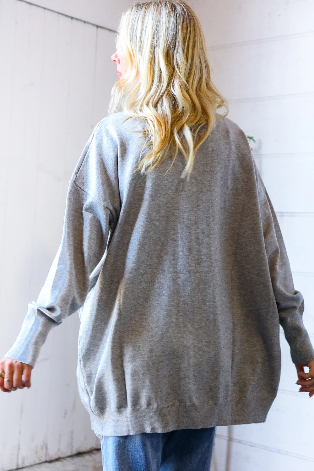 Grey Single Button Collared Open Cardigan with Pockets