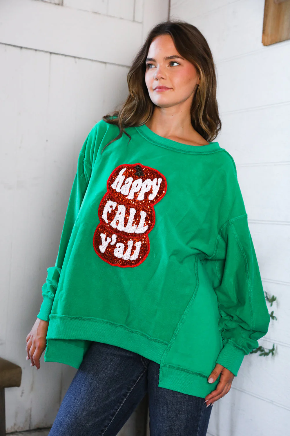 'Happy Fall Y'all' Kelly Green Sweater