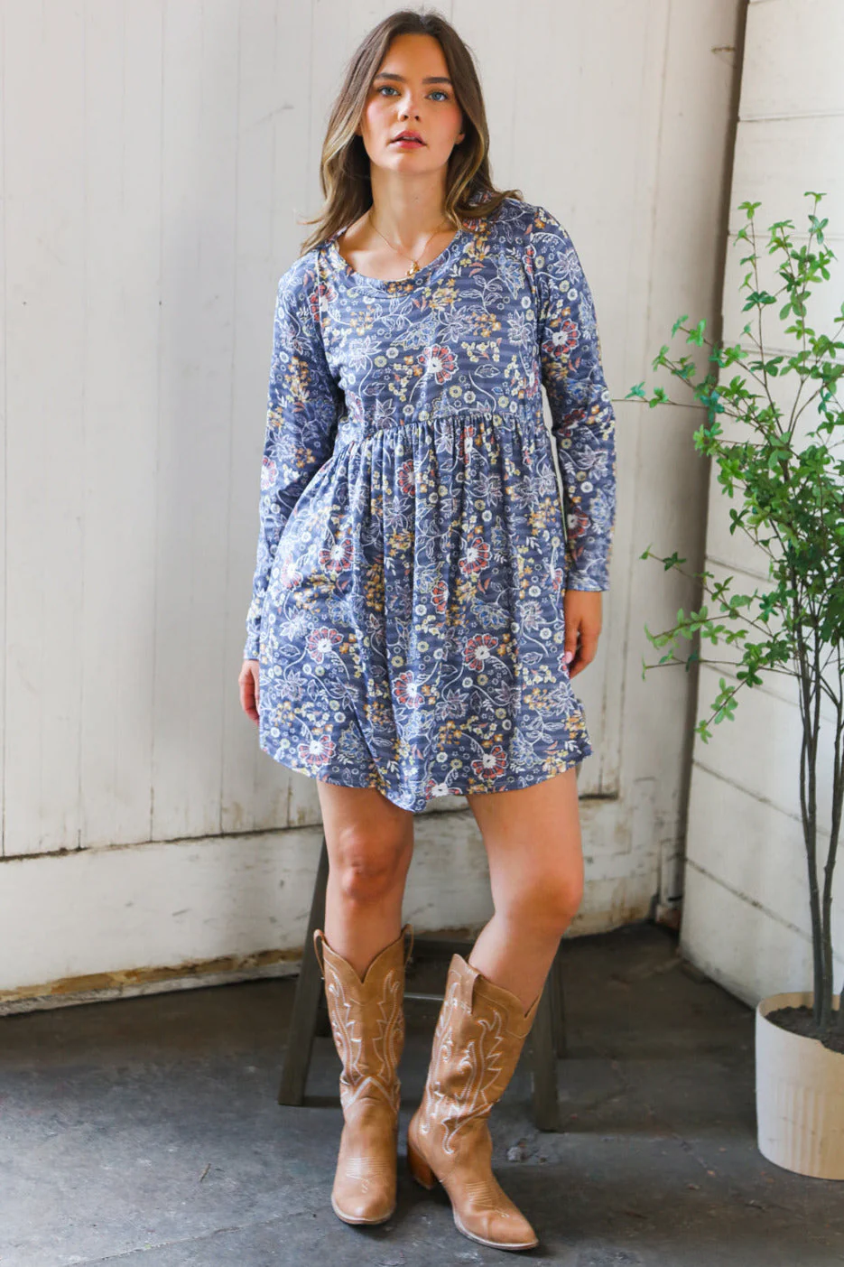 Midnight Meadows Blue Charcoal Swing Dress