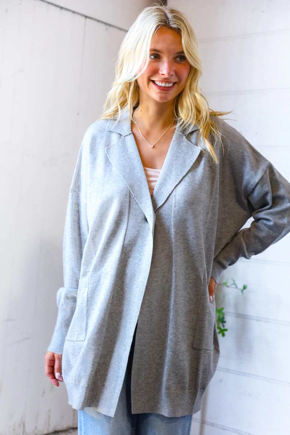 Grey Single Button Collared Open Cardigan with Pockets