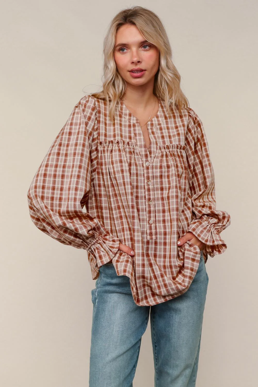 Notched Neck Plaid Check Woven Blouse