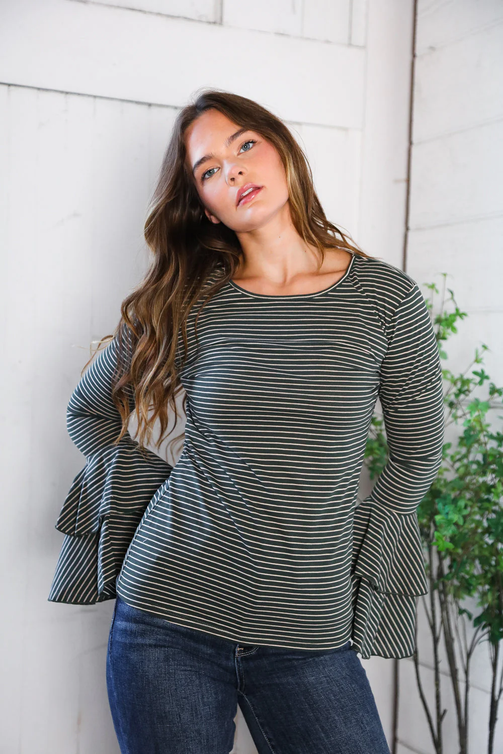Sassy in Stripes Olive Blouse