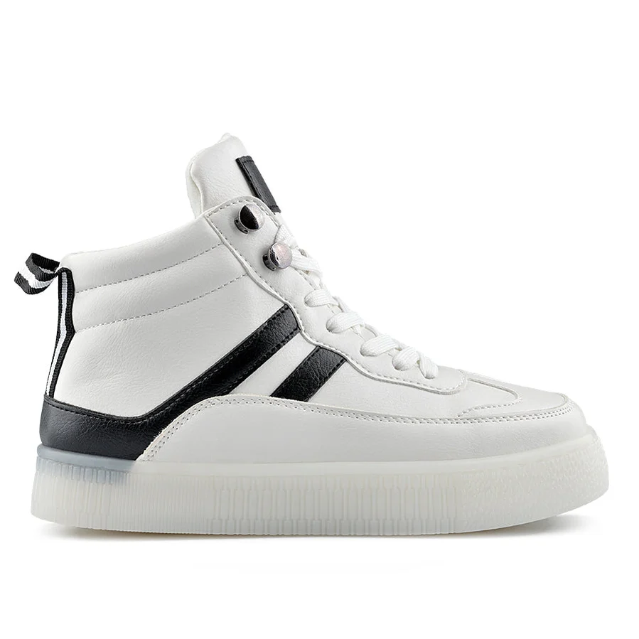 Mid Top White Leather Striped Sole Sneakers