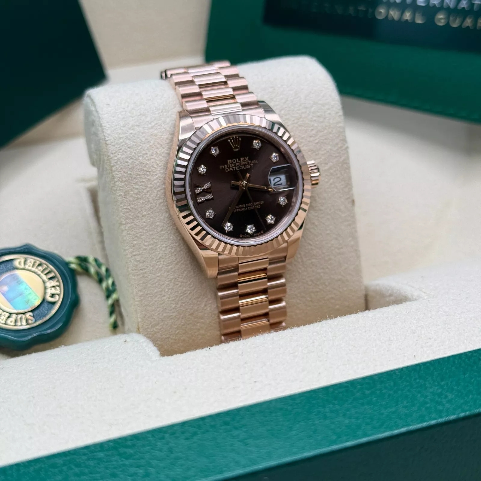 Rolex Lady-Datejust 28mm 279175 Chocolate Diamond-Set Dial President Everose Gold