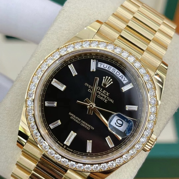 Rolex Day-Date 40mm Black Diamond Dial and Diamond Bezel Yellow Gold President Bracelet  228348RBR-0001