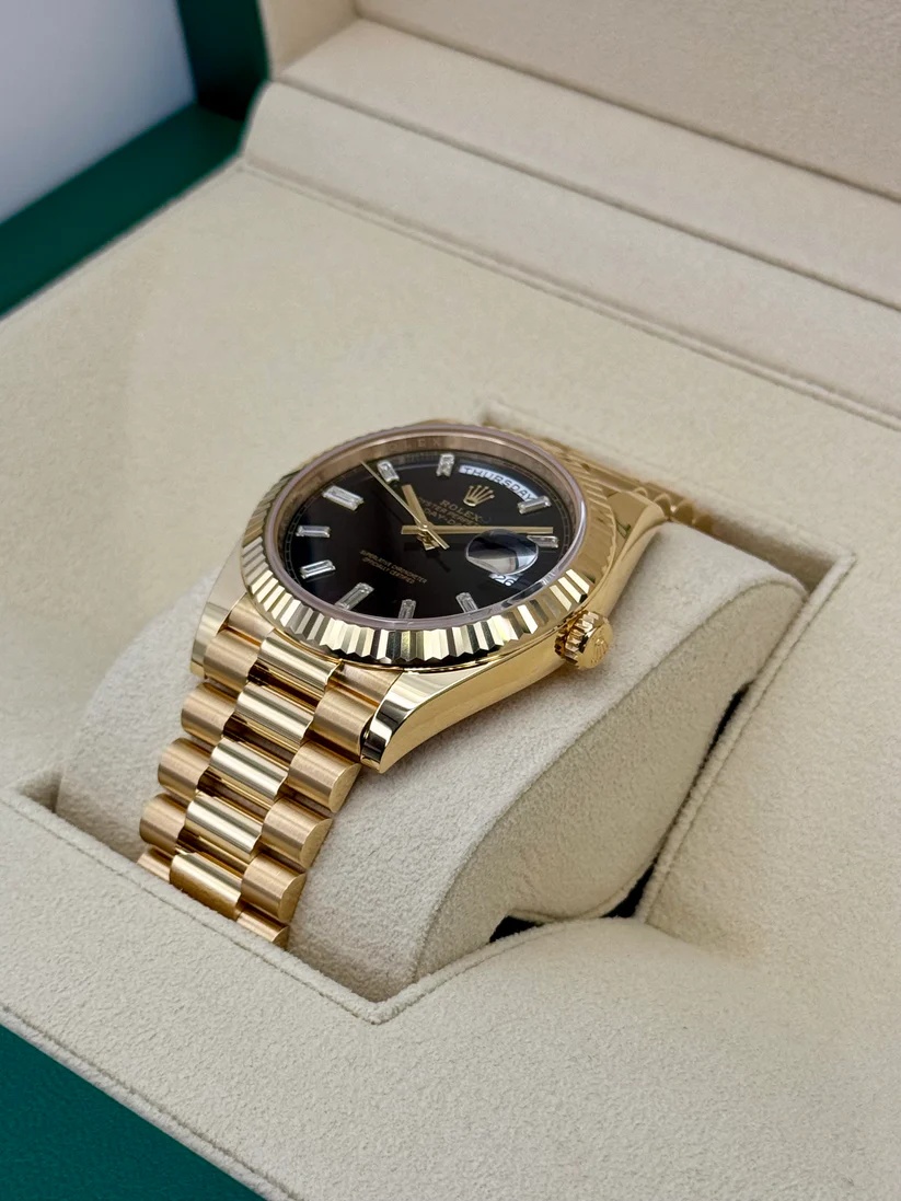 Rolex  Yellow Gold President Day Date 40mm Black Diamond Baguette Dial - 228238