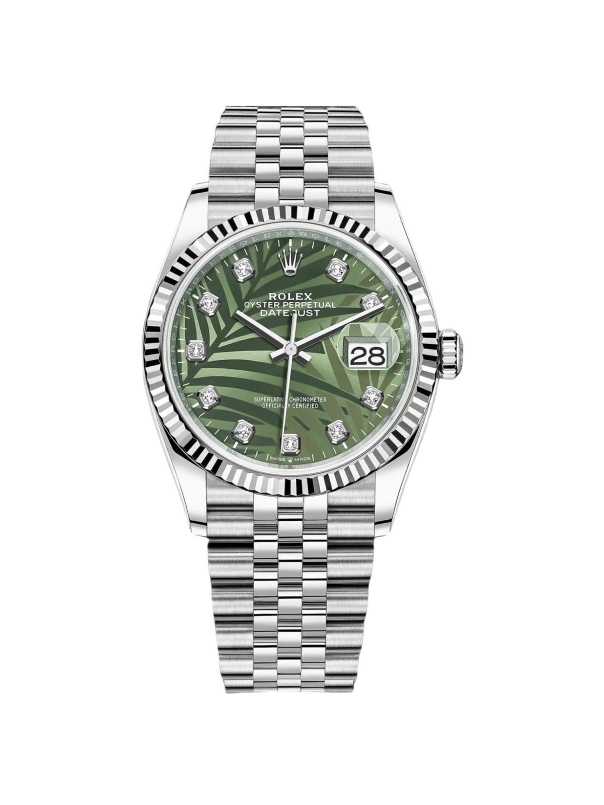 Rolex  Datejust 36mm 126234 Olive Green Palm Motif Diamond Dial Jubilee Stainless Steel Watch