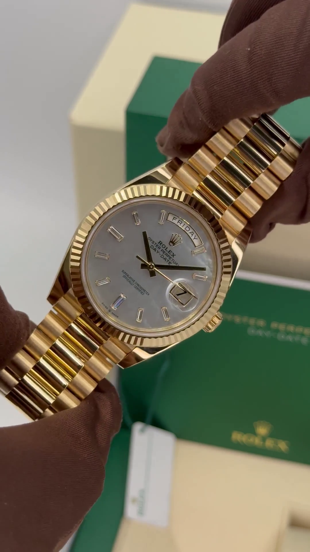 Rolex Day-Date 40mm Yellow Gold President  Mother of Pearl Diamond Baguette Dial - 228238