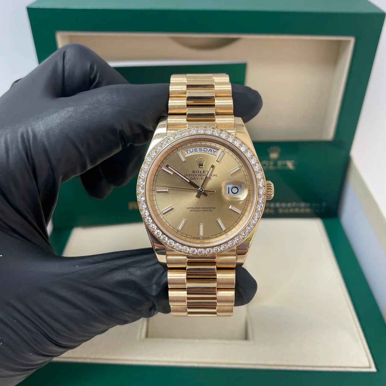 Rolex Day-Date 40mm Champaign Dial and Diamond Bezel Yellow Gold President Bracelet 228348RBR-0008
