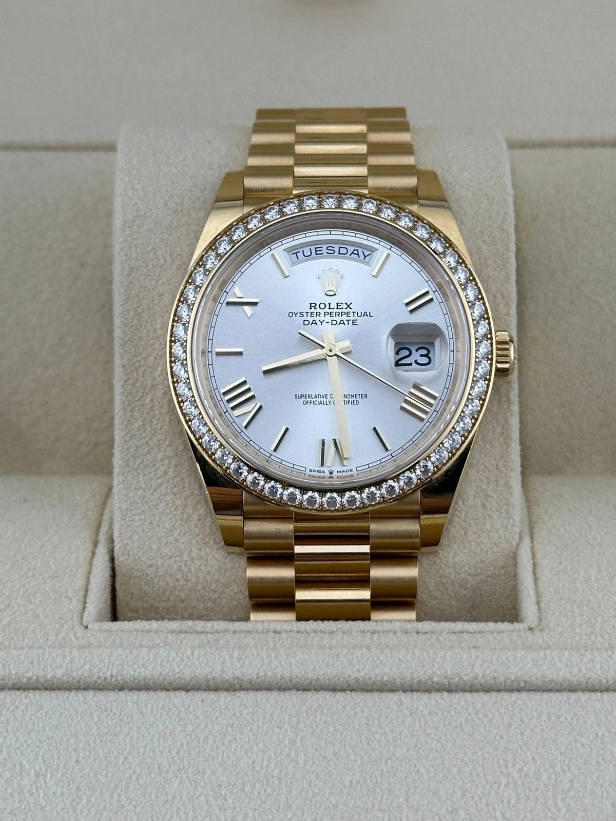 Rolex Day-Date 40mm Silver Roman Dial and Diamond Bezel Yellow Gold President Bracelet 228348RBR-0007
