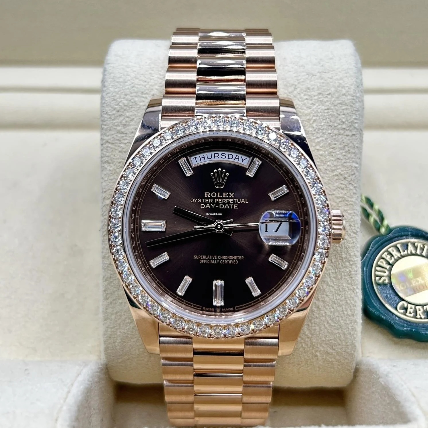 Rolex  Day-Date 40mm Chocolate Baguette Diamond Dial Diamond Bezel Dial Watch 228345RBR