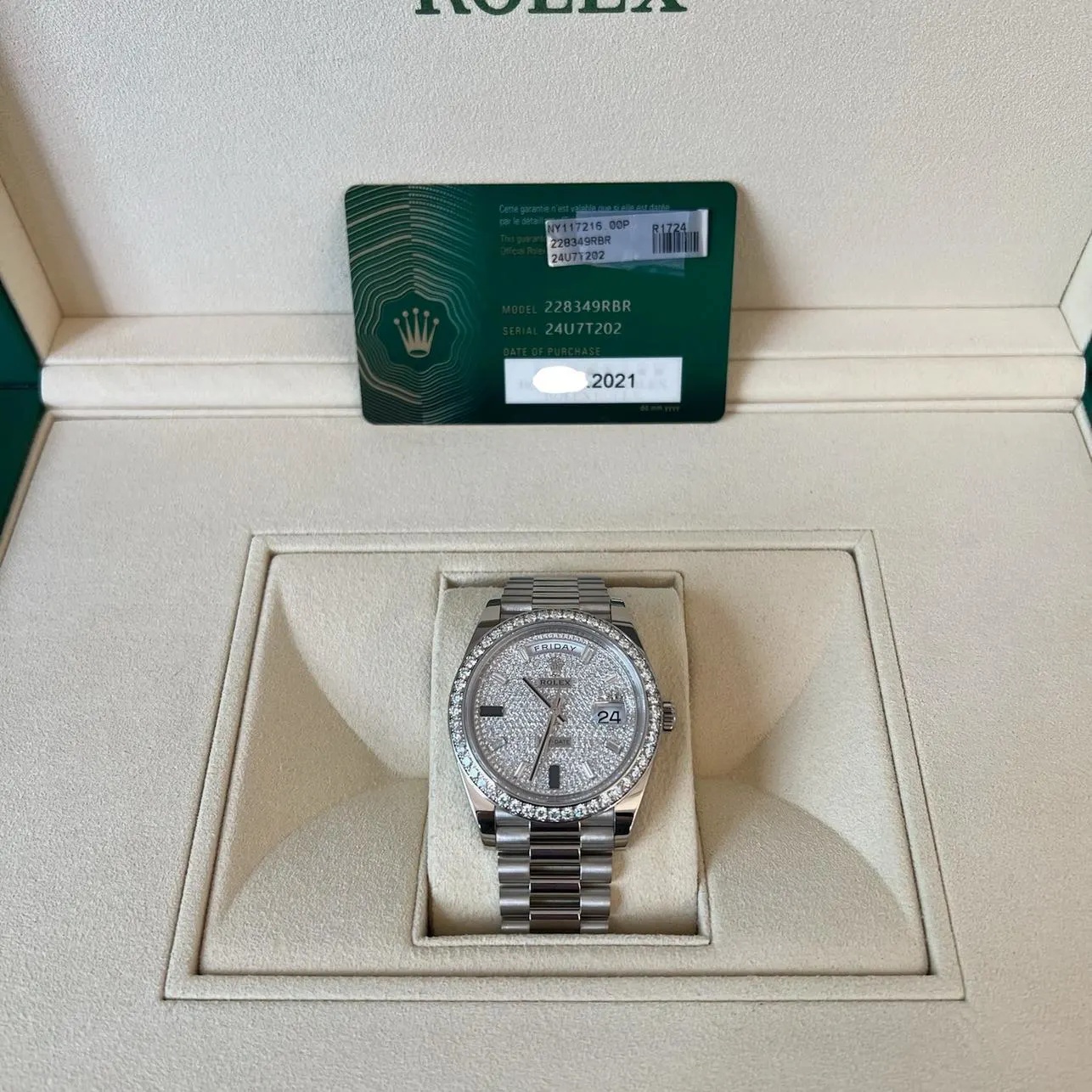 Rolex 228349RBR-0036 Day-Date 40mm 18k White Gold Paved With Diamonds Watch