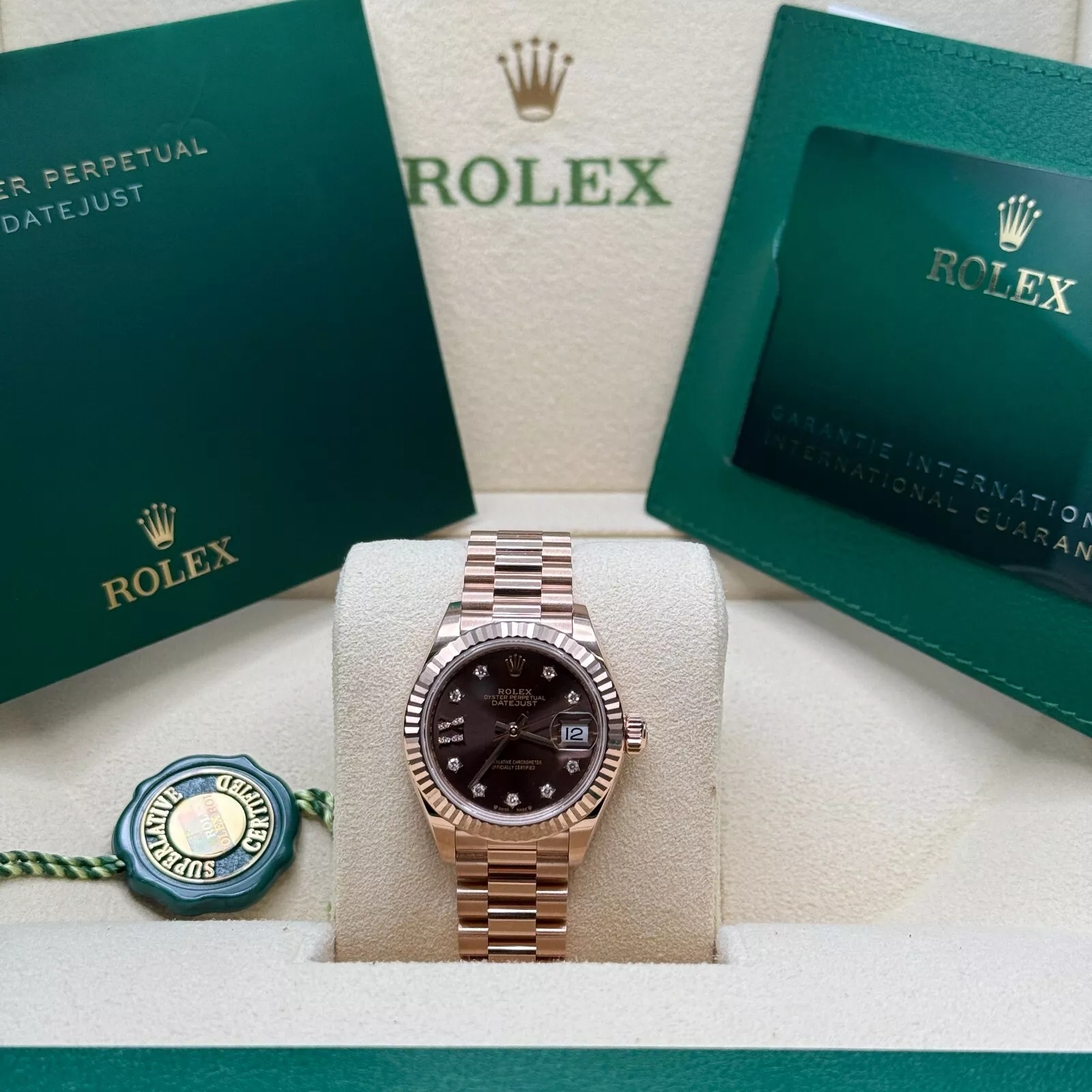 Rolex Lady-Datejust 28mm 279175 Chocolate Diamond-Set Dial President Everose Gold