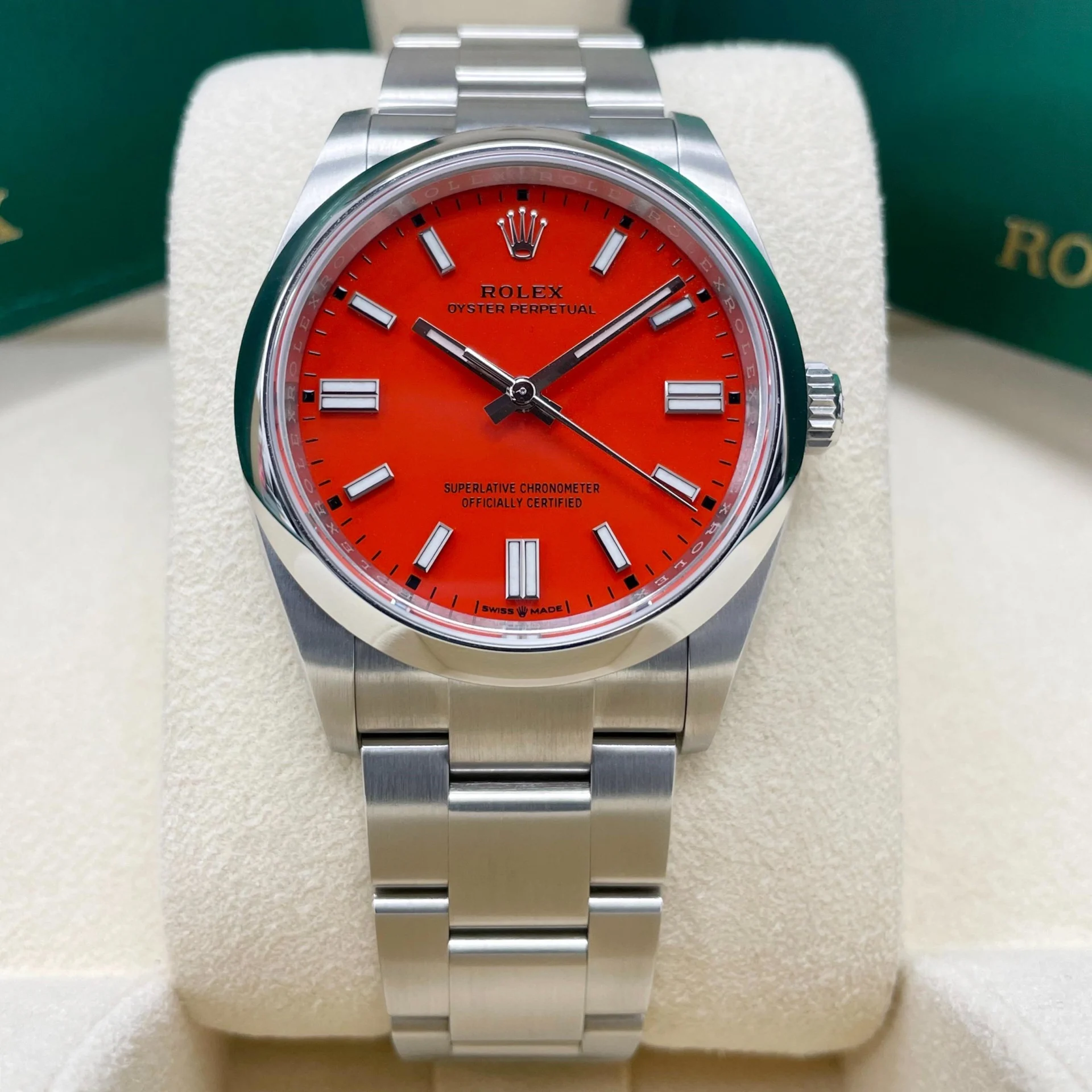 Rolex Oyster Perpetual 36mm 126000-0007 Coral Red Dial Steel Watch