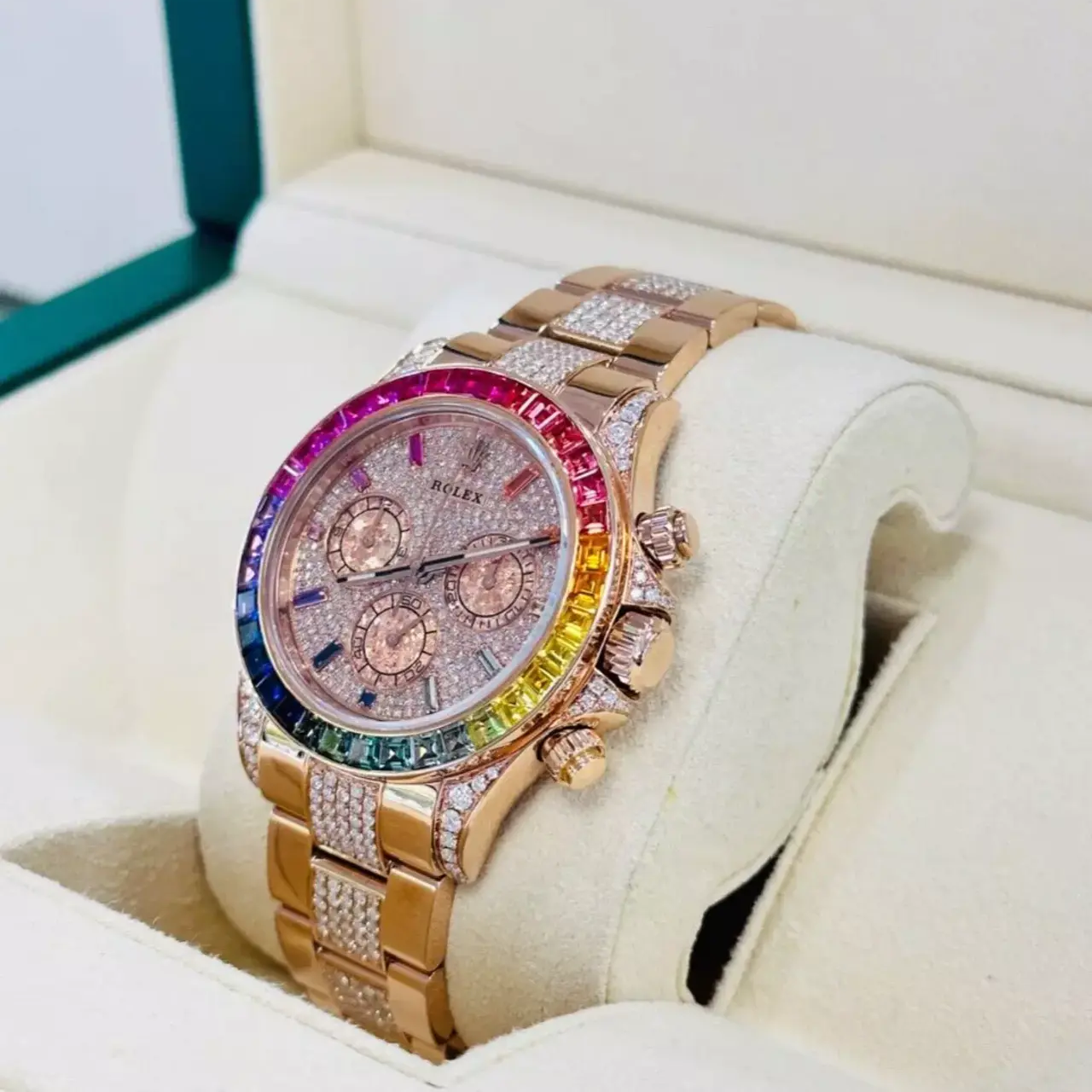 Diamond Rolex Cosmograph Daytona 116505 Custom Rainbow Diamond 18K Rose Gold 40mm