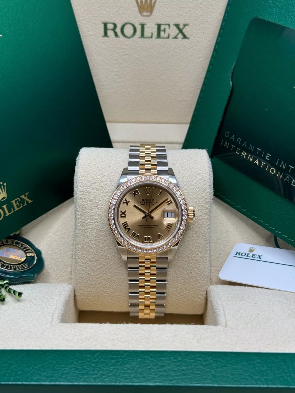 Rolex Lady-Datejust 28mm 279383RBR Champagne Roman Dial Yellow Rolesor Oyster Bracelet