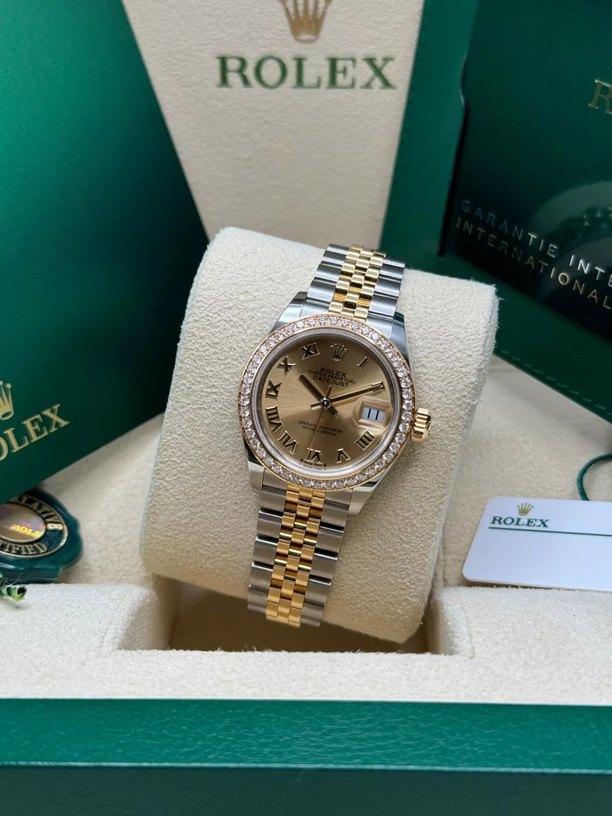 Rolex Lady-Datejust 28mm 279383RBR Champagne Roman Dial Yellow Rolesor Oyster Bracelet