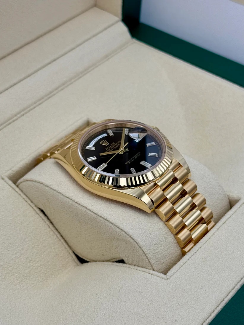 Rolex  Yellow Gold President Day Date 40mm Black Diamond Baguette Dial - 228238