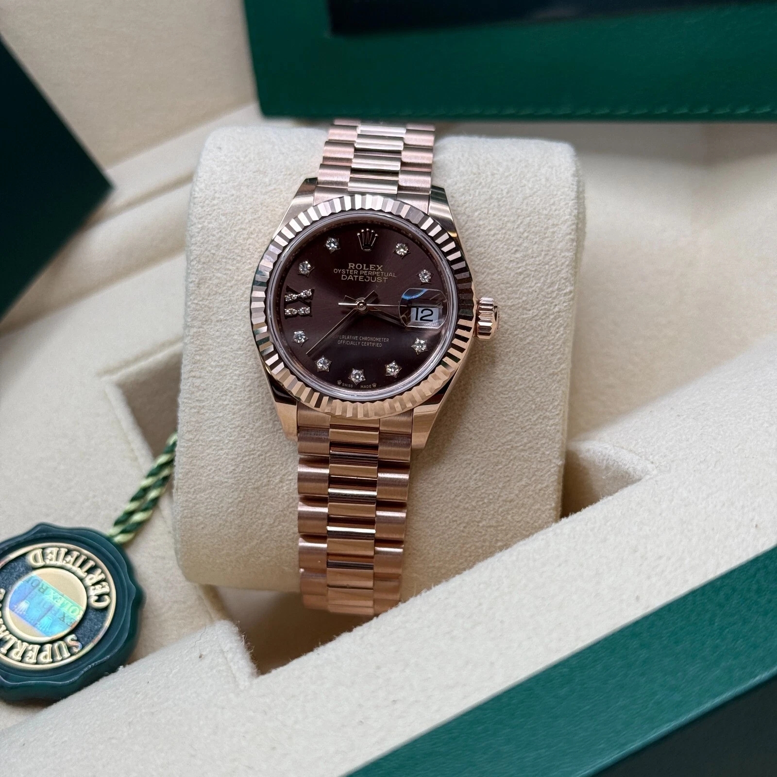 Rolex Lady-Datejust 28mm 279175 Chocolate Diamond-Set Dial President Everose Gold