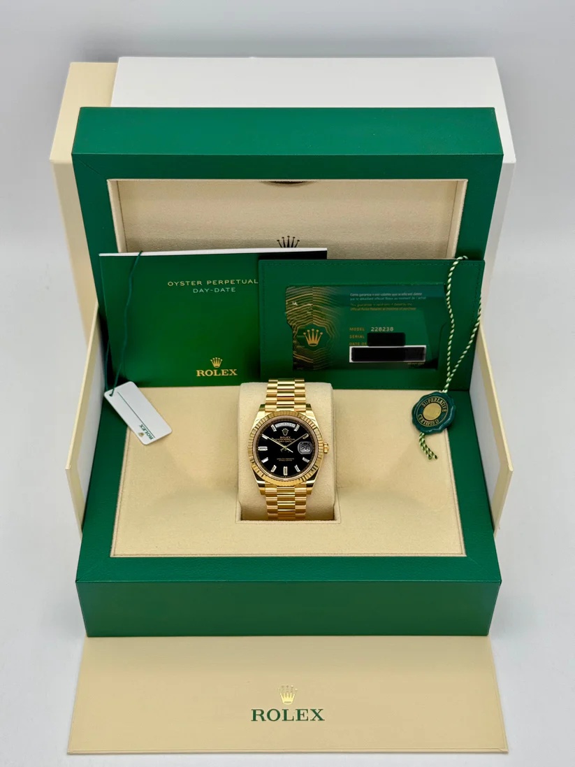 Rolex  Yellow Gold President Day Date 40mm Black Diamond Baguette Dial - 228238