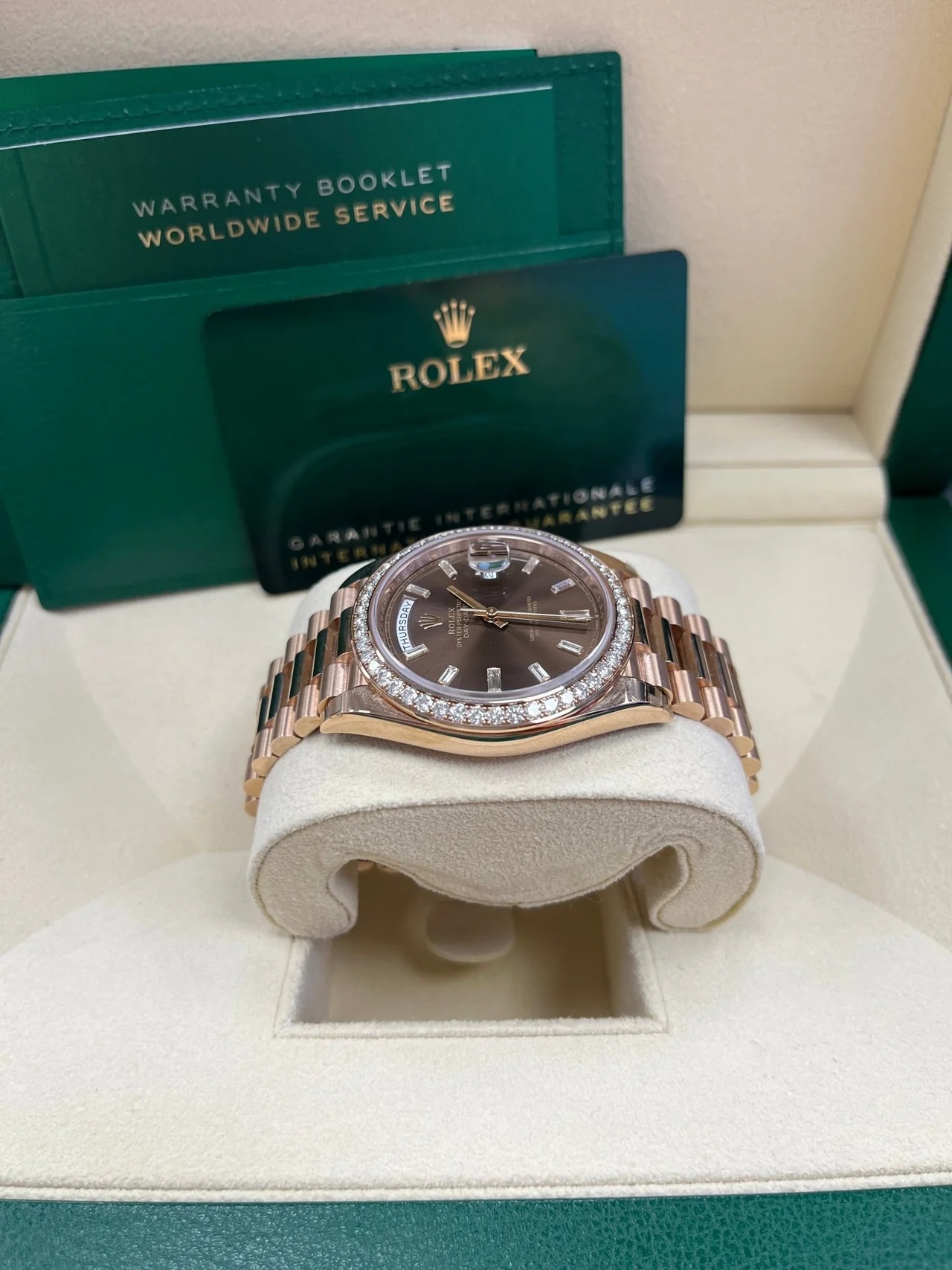 Rolex  Day-Date 40mm Chocolate Baguette Diamond Dial Diamond Bezel Dial Watch 228345RBR