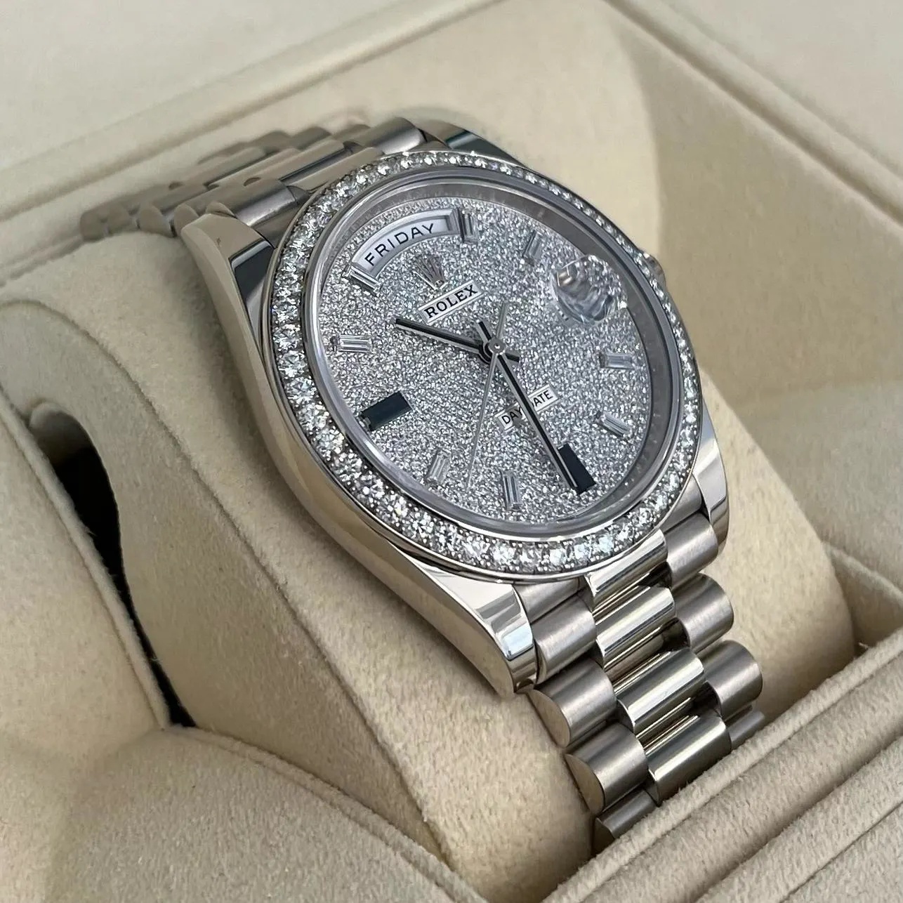 Rolex 228349RBR-0036 Day-Date 40mm 18k White Gold Paved With Diamonds Watch