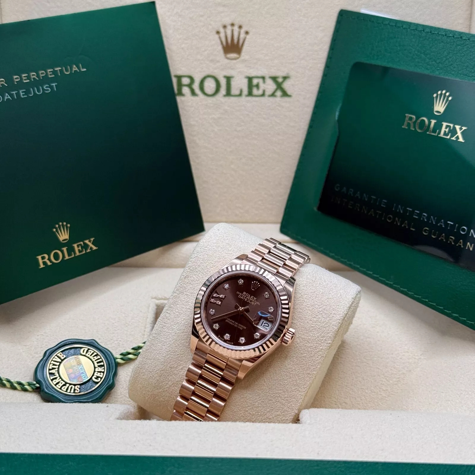 Rolex Lady-Datejust 28mm 279175 Chocolate Diamond-Set Dial President Everose Gold
