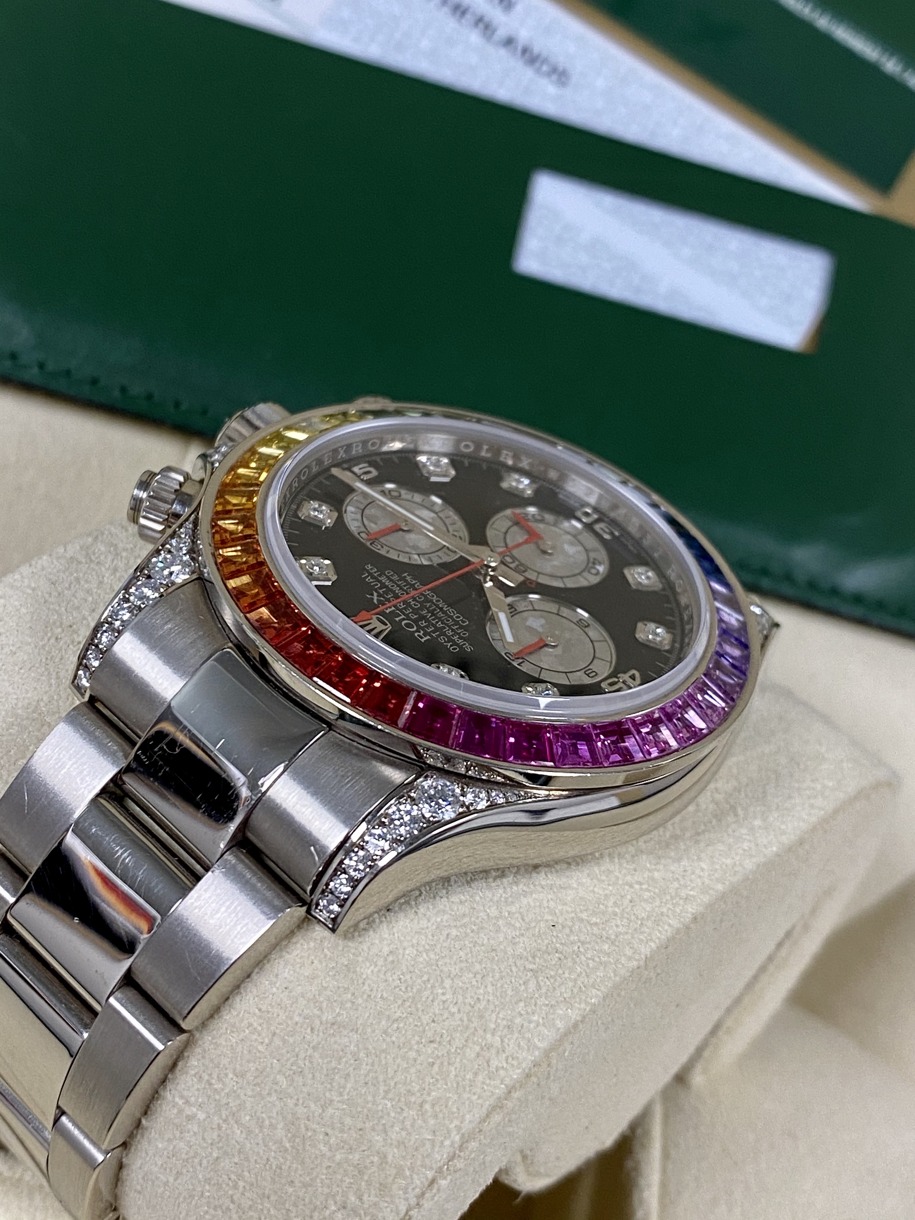 Rolex Daytona Cosmograph Daytona White Gold Rainbow Diamonds 40mm 116599RBOW Box & Papers