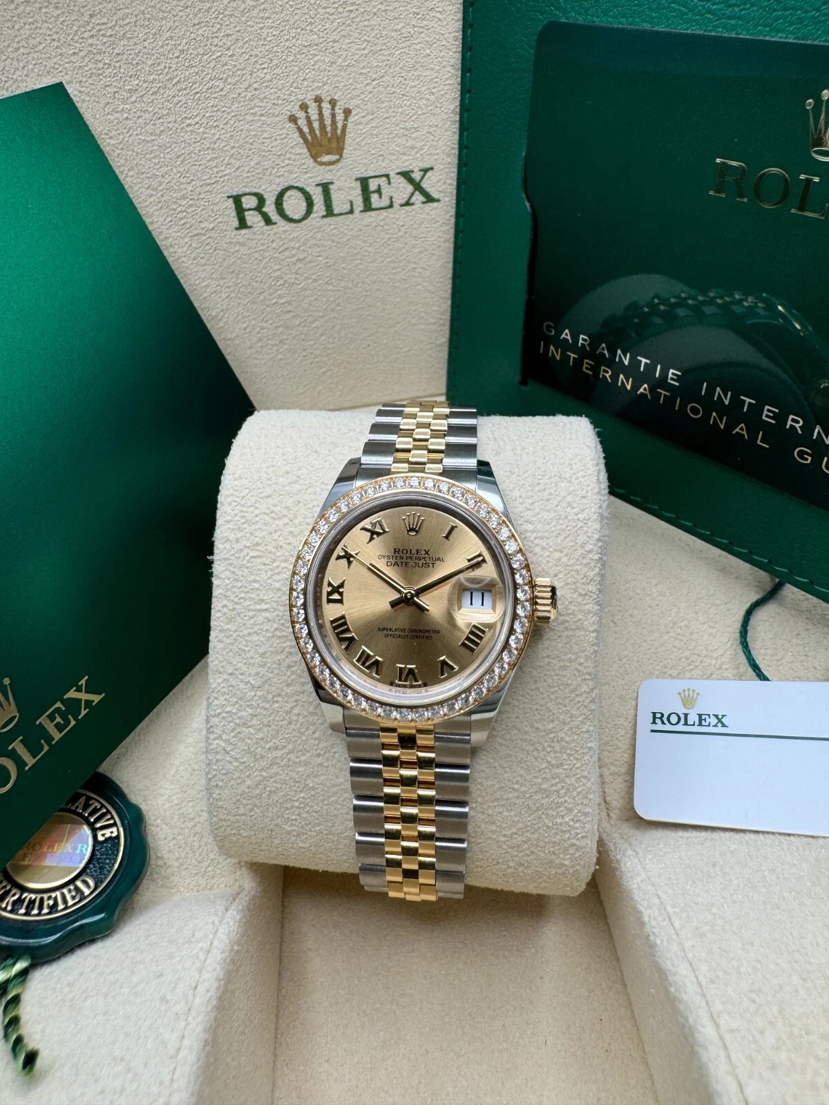 Rolex Lady-Datejust 28mm 279383RBR Champagne Roman Dial Yellow Rolesor Oyster Bracelet