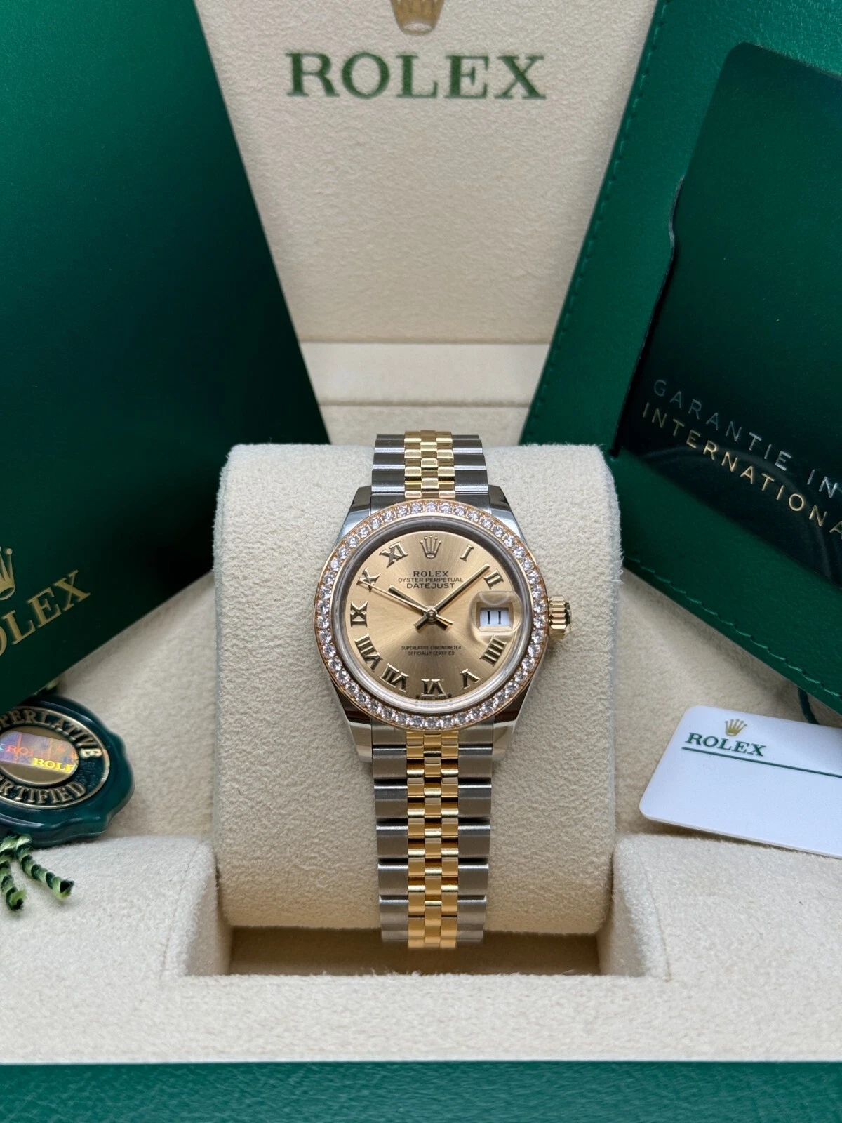 Rolex Lady-Datejust 28mm 279383RBR Champagne Roman Dial Yellow Rolesor Oyster Bracelet