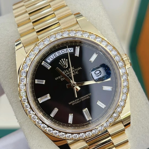 Rolex Day-Date 40mm Black Diamond Dial and Diamond Bezel Yellow Gold President Bracelet  228348RBR-0001