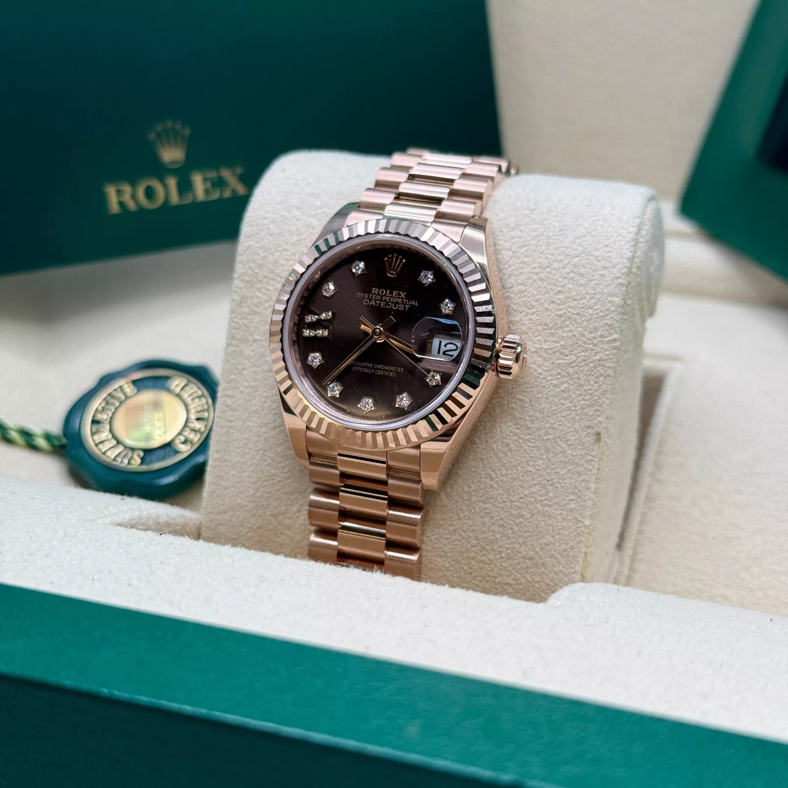 Rolex Lady-Datejust 28mm 279175 Chocolate Diamond-Set Dial President Everose Gold