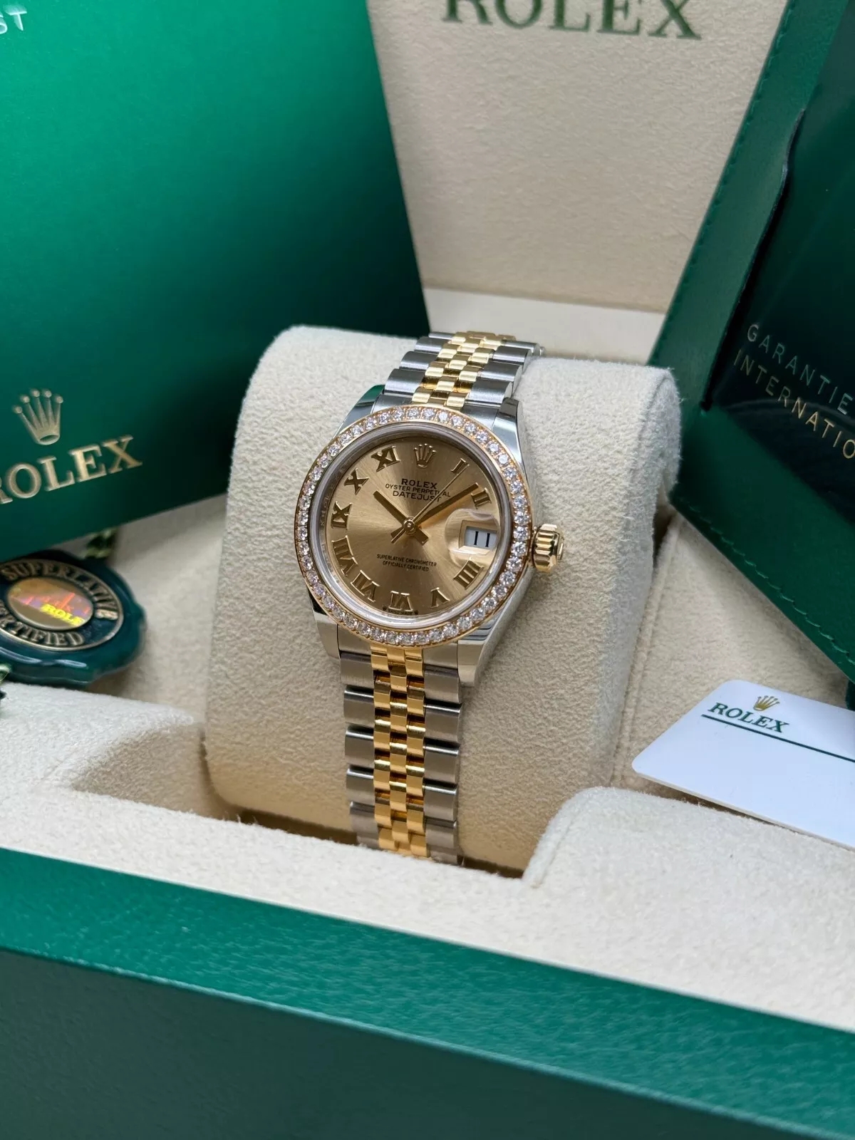 Rolex Lady-Datejust 28mm 279383RBR Champagne Roman Dial Yellow Rolesor Oyster Bracelet
