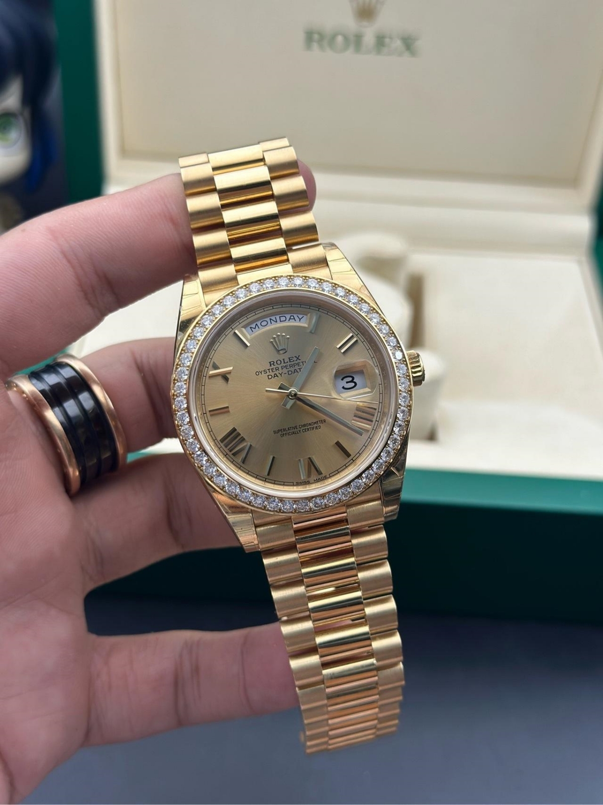 Rolex Day-Date 40mm Champagne Dial and Diamond Bezel Yellow Gold President Bracelet  228348RBR-0003