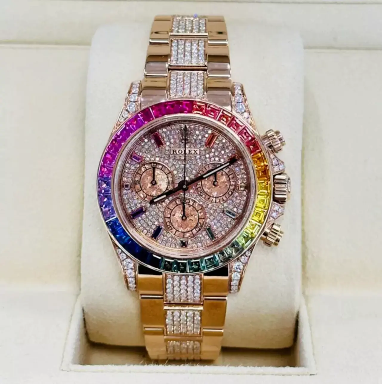 Diamond Rolex Cosmograph Daytona 116505 Custom Rainbow Diamond 18K Rose Gold 40mm