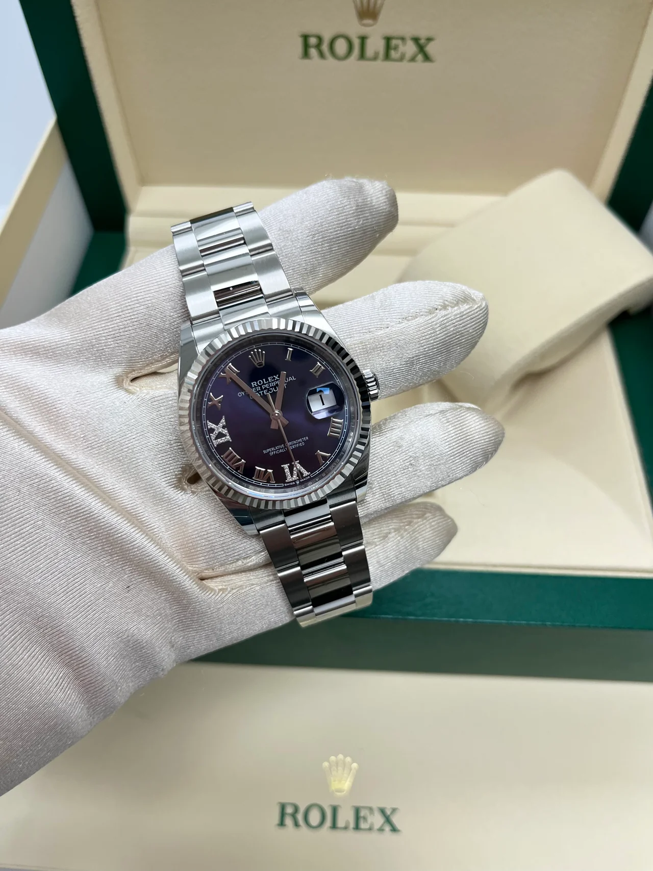 Rolex  Datejust 36mm 126234 Datejust Aubergine Purple Diamond Roman Oyster Stainless Steel