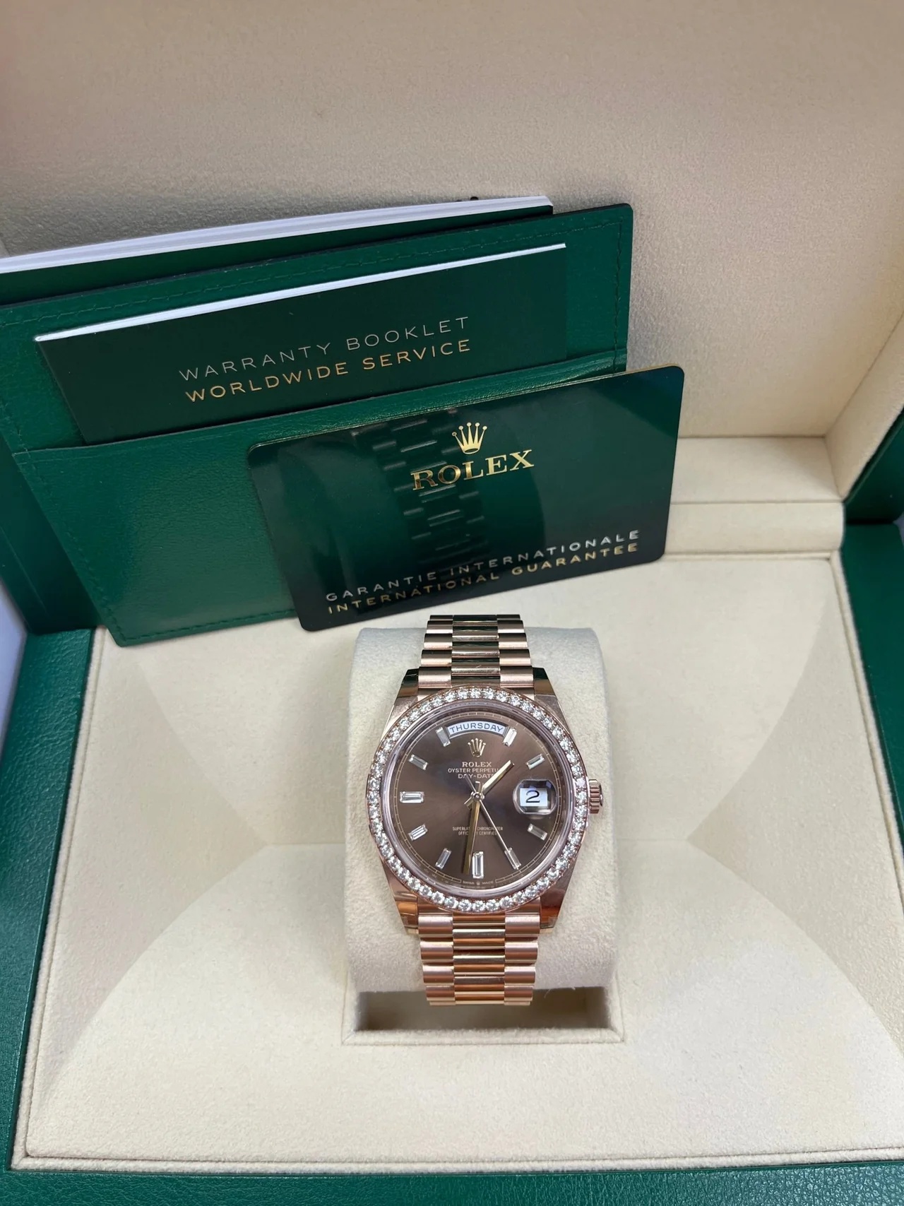 Rolex  Day-Date 40mm Chocolate Baguette Diamond Dial Diamond Bezel Dial Watch 228345RBR