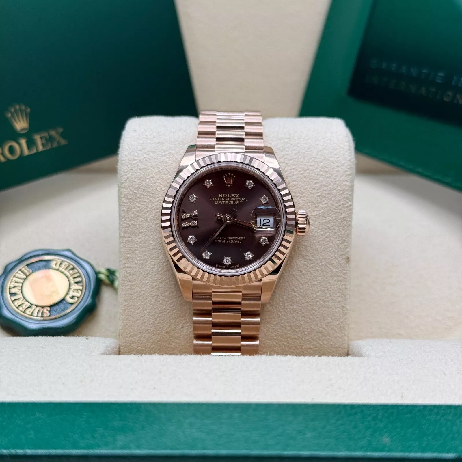 Rolex Lady-Datejust 28mm 279175 Chocolate Diamond-Set Dial President Everose Gold