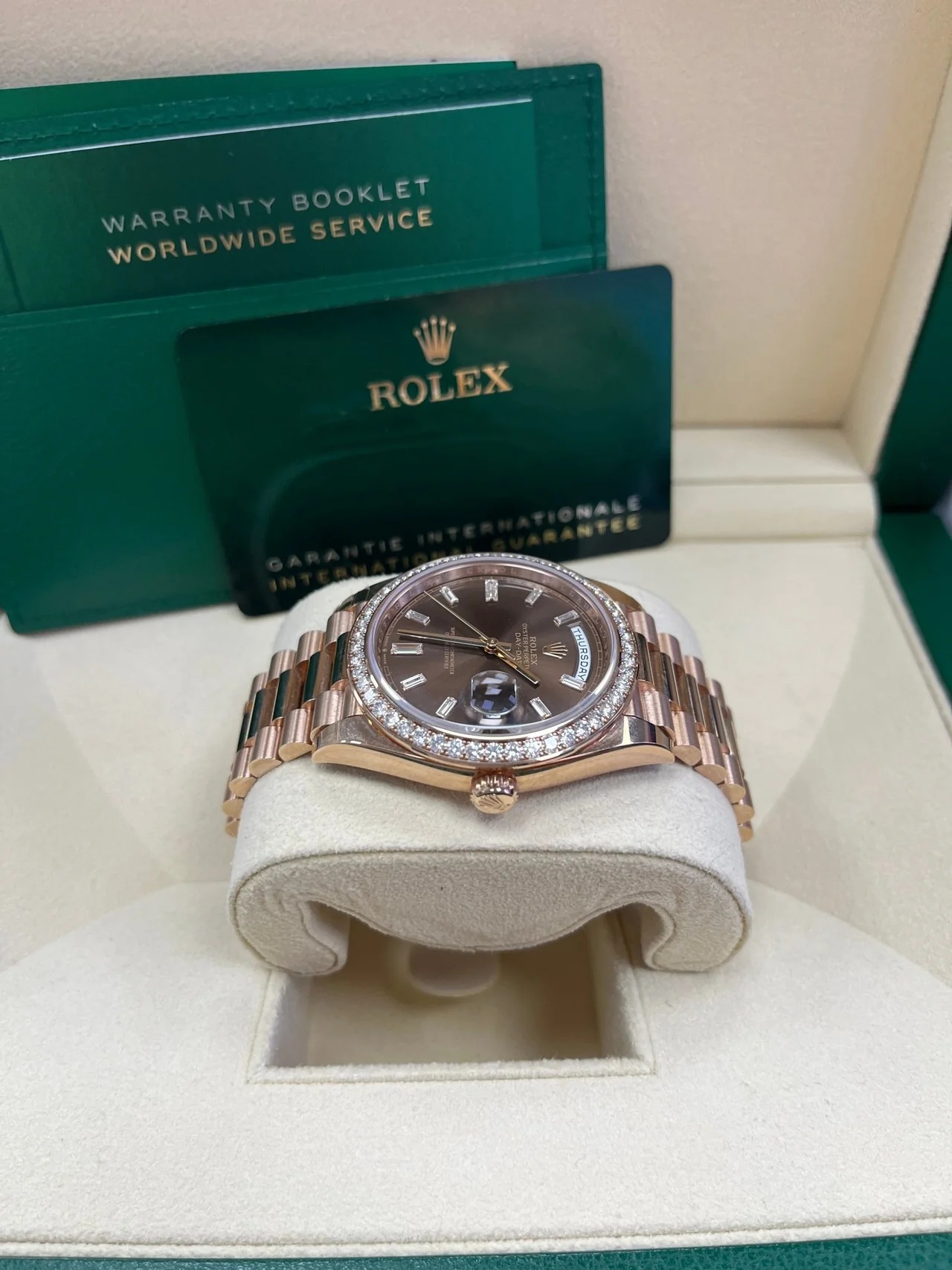 Rolex  Day-Date 40mm Chocolate Baguette Diamond Dial Diamond Bezel Dial Watch 228345RBR