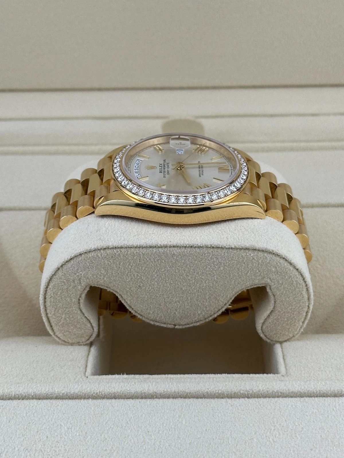 Rolex Day-Date 40mm Silver Roman Dial and Diamond Bezel Yellow Gold President Bracelet 228348RBR-0007